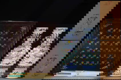 A Pair of Huge Blue and White Wucai Dragon Pattern Elephant-Ears Vases,with Vertical Scroll Painting