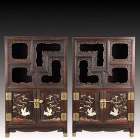 A Pair of Rare Zitanwood Inlaid Gems Pine and Crane Pattern Cabinets