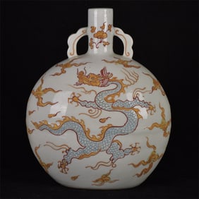 An Exquisite Yellow Glazed Dragon and Phoenix Pattern Double-Ears Vase