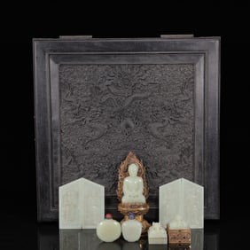 A Set of Exquisite Gilt Inlaid White Jade Buddha Statue Ornaments