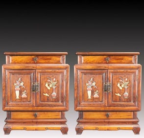 A Pair of Monumental Huanghuali wood Flower Pattern Cabinets
