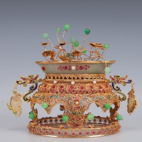 An Exquisite Filigree and Gilding Inlaid White Jade Flower Pattern Ornament,Inlaid Gems