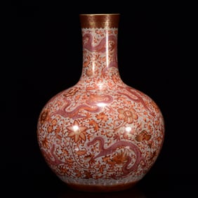 An Exquisite Iron-Red Painted Gold Lotus and Dragon Pattern Vase