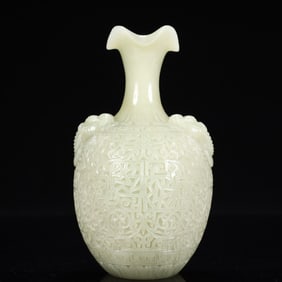 An Exquisite Greenish Jade Flower Pattern Elephant-Ears Vase