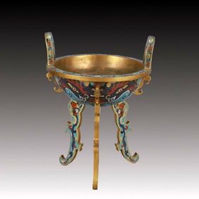 An Exquisite Cloisonne Beast-Face Pattern Double-Ears and Tripod Censer
