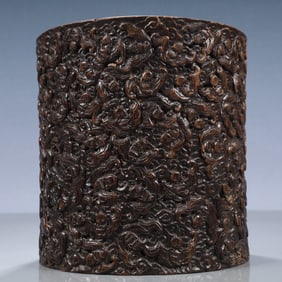 An Exquisite Zitanwood Auspicious Cloud and Bats Pattern Brush Pot