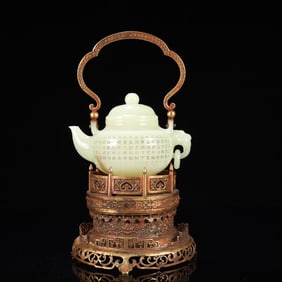 An Exquisite White Jade Inlaid Gilt Bronze Poem Ewer,With Gilt Bronze Base,Inlaid Gems
