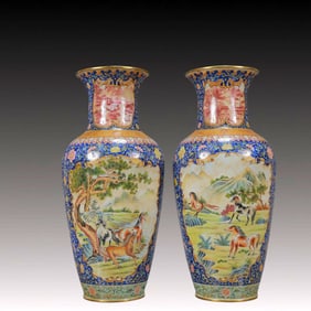 A Pair of Rare Painted Enamel Horses Pattern Vases