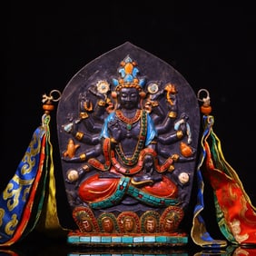 A Rare Meteorite Inlaid Dzi Bead and Turquoise Statue of Thousand-Hand Avalokitesvara