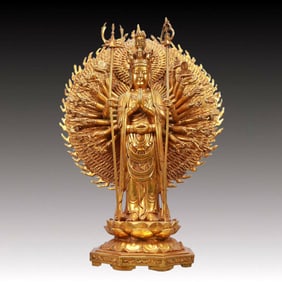 A Rare Gilt Bronze Statue of Thousand-hand Guanyin
