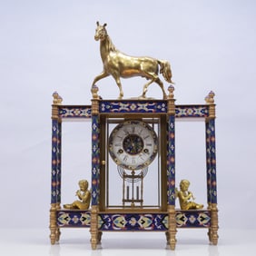 An Exquisite Cloisonne Flower Pattern Figure Table Clock Ornament