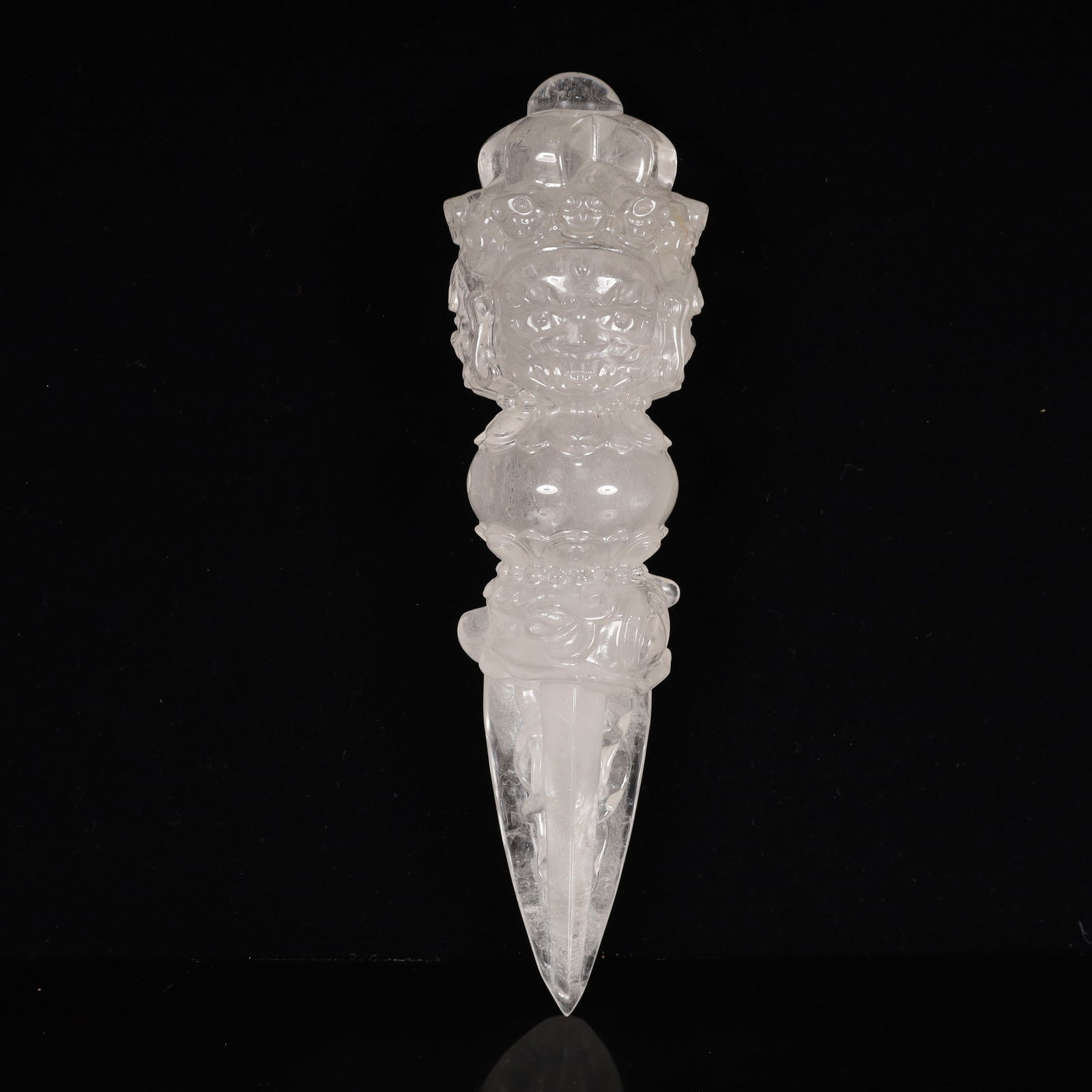 An Exquisite Crystal Beast-Face Pattern Vajry Pestle: An Exquisite Crystal Beast-Face Pattern Vajry Pestle,Qing Dynasty, China,Size:2.4inx9.8in,Weight:1050g 水晶兽面纹金刚杵,中国清代