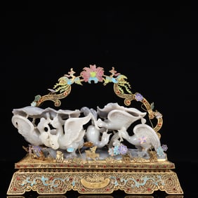 A Rare White Jade Lotus Leaf and Goose Ornament,With Flower silk gold-plated Base,Inlaid Gems