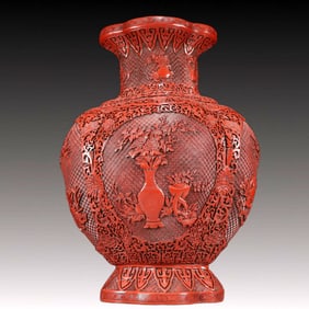 A Huge Carved Red Lacquer Flower Pattern Vase