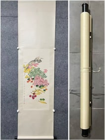 A Chinese Vertical Scroll Ink Painting of Vegetables and Fruit on Paper