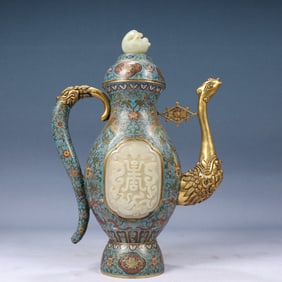 A Rare Cloisonne Inlaid White Jade Shou-Character Lotus and Dragon Pattern Phoenix-head Ewer