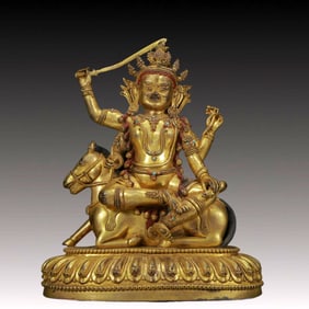 A Solemn Gilt Bronze Inlaid Turquoise Statue of Heavenly King
