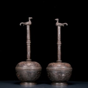 A Pair of Rare Silver Flower and Bird Pattern Bottle