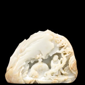 An Exquisite Greenish Jade Figure Pattern Rockery Ornament, with poem