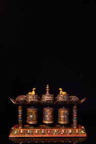 A Rare Bronze Inlaid Dzi Bead and Turquoise Ornament,with Scriptures