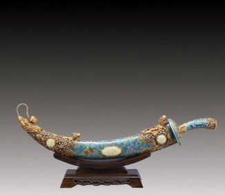 A Huge Cloisonne Inlaid White Jade Eight Treasures Pattern Sword Ornament