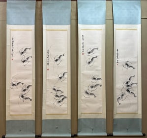 A Set of Chinese Vertical Scroll Ink Painting of Shrimp on Paper,Qi Baishi