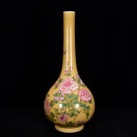 An Exquisite Yellow Glazed Famille-Rose Flower and Bird Pattern Vase,with Poem