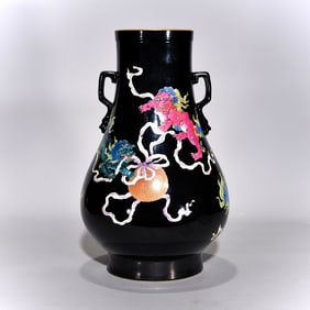 A Rare Famille-Rose Auspicious Beast Pattern Double-Ears Vase
