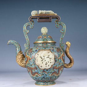 A Rare Cloisonne Inlaid White Jade Hollow Auspicious Cloud and Dragon Pattern Ewer