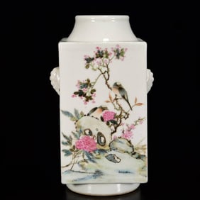 An Exquisite Famille-Rose Flower and Bird Pattern Double-Ears Vase,with Poem