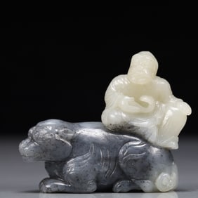 An Exquisite Greenish Jade Character and Auspicious Beast Pattern Ornament