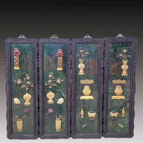 A Set of Rare Zitanwood Flower Pattern Hanging Panels,with an Imperial Poem by Emperor Qianlong
