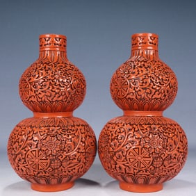 A Pair of Exquisite Carved Red Lacquer Flower Pattern Gourd-Shaped Vases