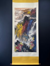 A Chinese Vertical Scroll Ink Painting of Landscape on Paper