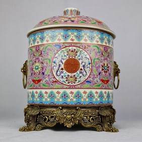 A Huge Blue and White Lotus Pattern Inlaid Bronze Double-Ears Jar with Cover