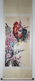 A Chinese Vertical Scroll Ink Painting of Flower and Rooster on Paper