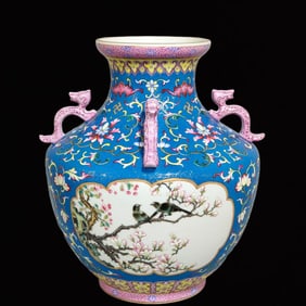 An Exquisite Famille-Rose and Blue Ground Flower and Bird Pattern Double-Ears Vase