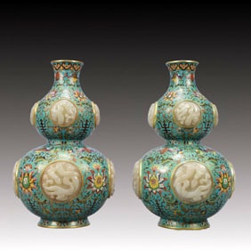 A Pair of Exquisite Cloisonne Inlaid White Jade Lotus Pattern Gourd-Shaped Vases