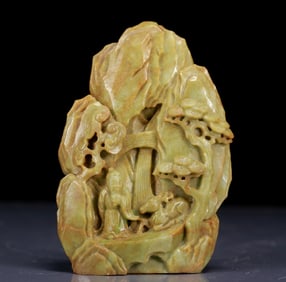 An Exquisite White Jade Pine and Sika Deer and Figure Ornament