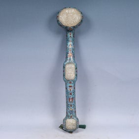 A Huge Cloisonne Inlaid White Jade Bats and Peach Pattern Ruyi
