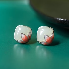 A Pair of Exquisite Sterling Silver Inlaid White Jade Enamel Earrings