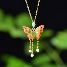 A Set of Fine  Sterling Silver-Gold Plated Inlaid Jasper Enamel Pendant, Inlaid Pearl