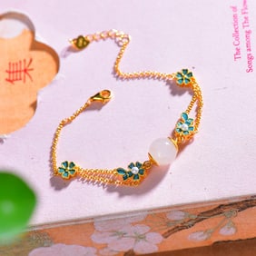 An Exquisite  Sterling Silver-Gold Plated Inlaid White Jade Bracelets