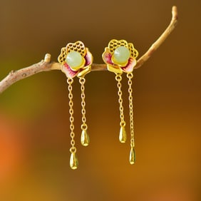 A Pair of Exquisite Sterling Silver Inlaid Greenish Jade Flower Pattern Earrings