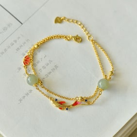 An Exquisite Sterling Silver Inlaid White Jade Fish Pattern Bracelet