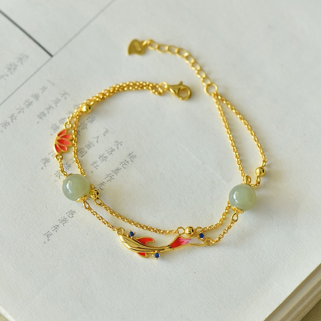 An Exquisite Sterling Silver Inlaid White Jade Fish Pattern Bracelet (1 of 5)