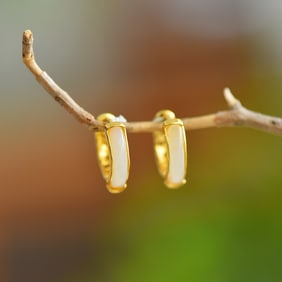 A Pair of Exquisite Sterling Silver-Gold Plated Inlaid White Jade Earrings