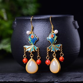 A Pair of Exquisite  Sterling Silver-Gold Plated Inlaid White Jade Enamel Earrings
