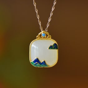 An Exquisite Sterling Silver Inlaid White Jade Landscape Pattern Necklace