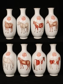 A Set of Fine Enamel Painted Gold Horse Pattern Vases,With Poem